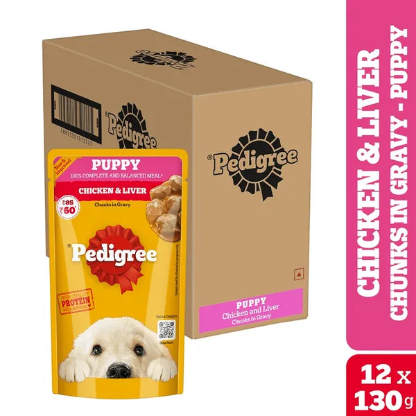 Pedigree Chicken and Liver Chunks in Gravy Pouch Puppy Dog Wet Food (130g)