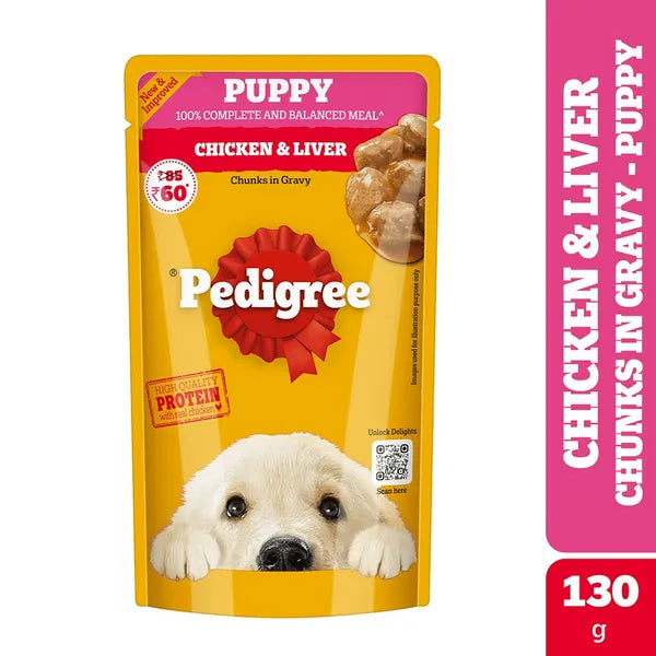 Pedigree Chicken and Liver Chunks in Gravy Pouch Puppy Dog Wet Food (130g)