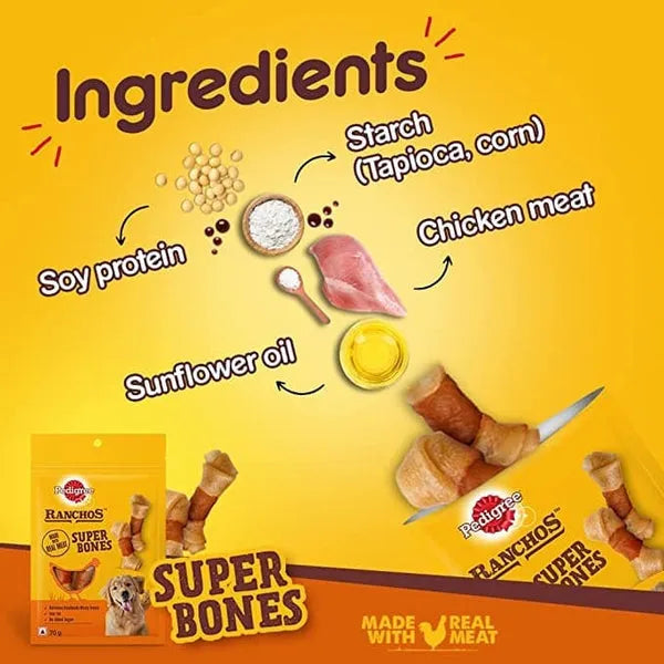 Pedigree Ranchos Super Bones Chicken & Milk, Spiral Wrap Chicken & Smokey Lamb and Roasted Lamb Tasty Jerky Dog Treats Combo