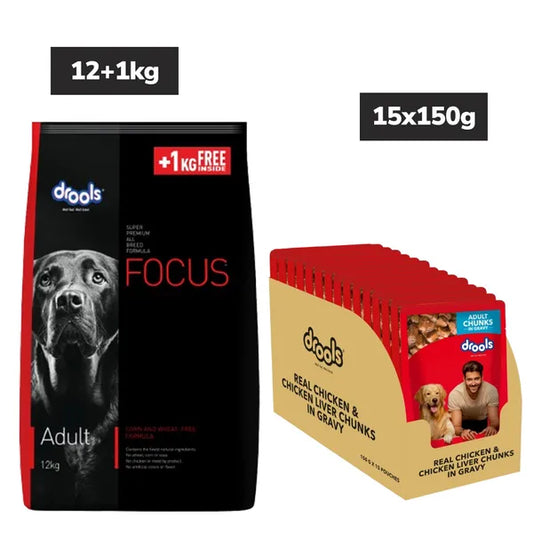 Drools Focus Super Premium Dry Food and Chicken & Liver Chunks in Gravy Adult Dog Wet Food Combo