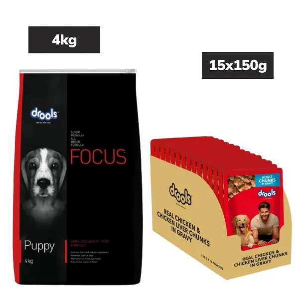 Drools Focus Super Premium Dry Food and Chicken & Liver Chunks in Gravy Adult Dog Wet Food Combo